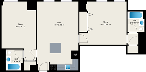 Floor plan for 2 beds, 2 baths, 864 sqft